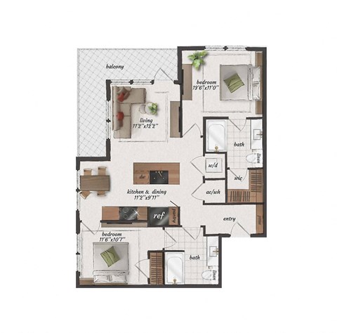 Floor plan for 2 beds, 2 baths, 950 sqft